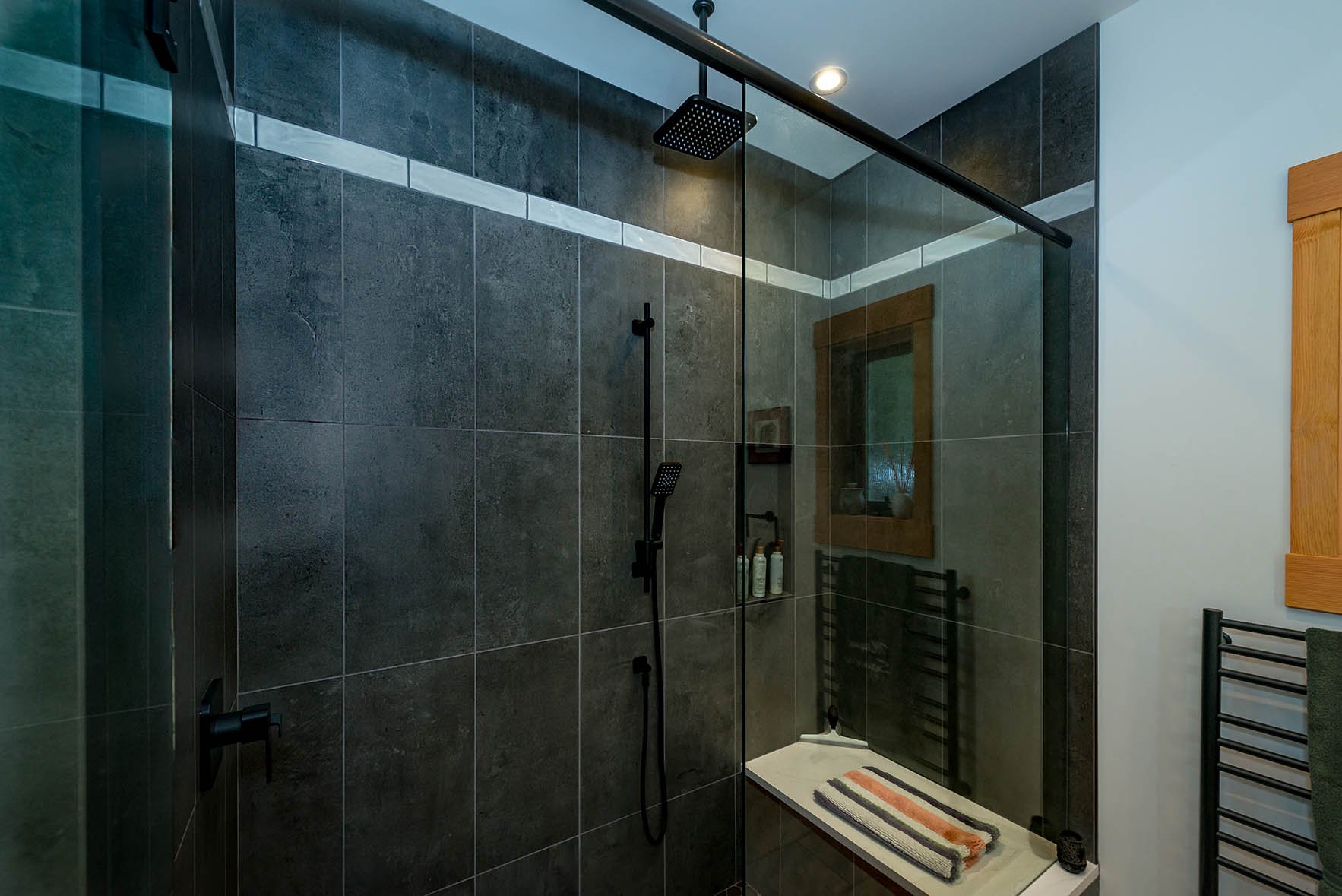 Large Shower with Seat and Green Tile